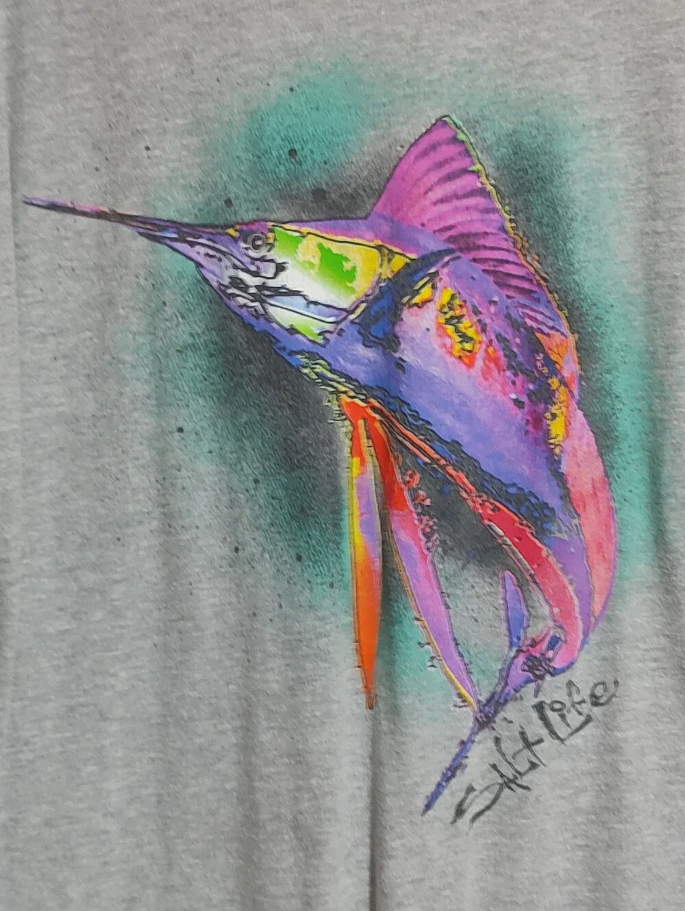 Salt Life Gray Tee with Multicolor Marlin Art